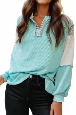 NEW 1 THE WOMAN corded texture plaid colorblock patchwork long sleeve top in tea